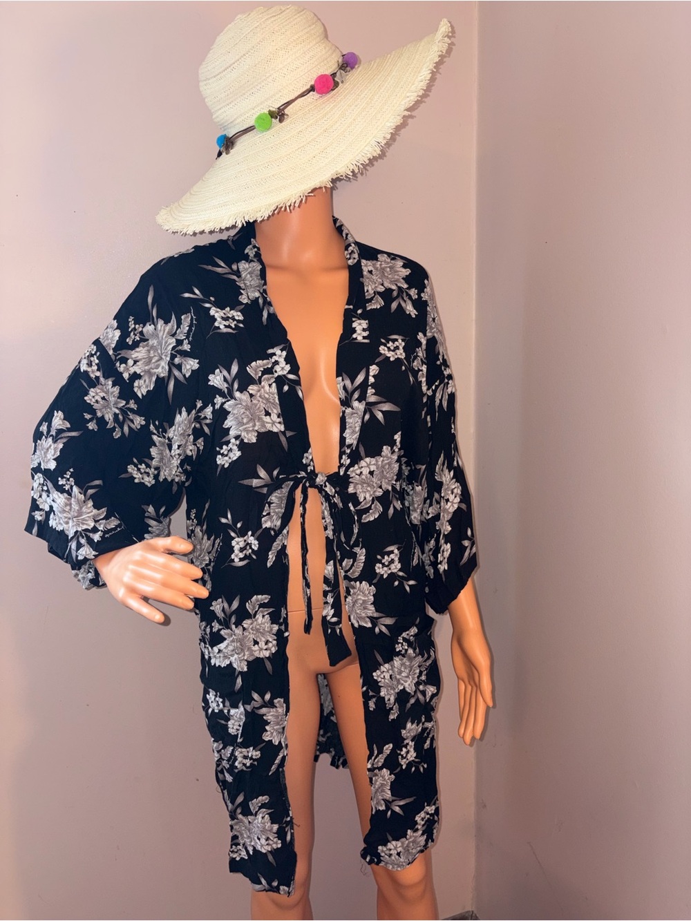 Spiritual Gangster Black Floral Tie-Front Swim Kimono